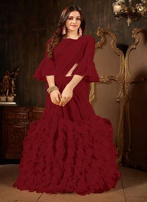 Maroon plain georgette ruffle saree with blouse 1
