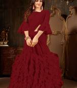 Maroon plain georgette ruffle saree with blouse