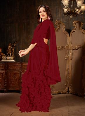 Maroon plain georgette ruffle saree with blouse 2