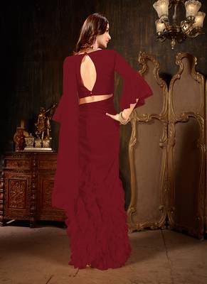 Maroon plain georgette ruffle saree with blouse 3
