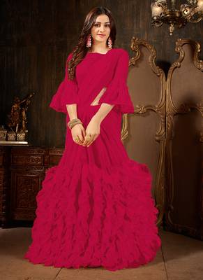 rani pink plain georgette ruffle saree with blouse 1