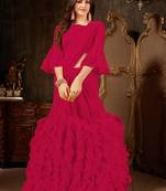 rani pink plain georgette ruffle saree with blouse