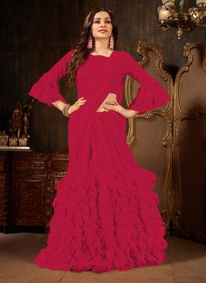 rani pink plain georgette ruffle saree with blouse 2