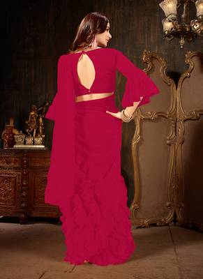 rani pink plain georgette ruffle saree with blouse 3