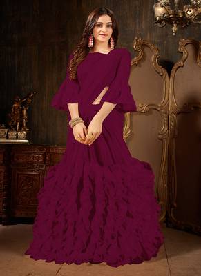   dark magenta plain georgette ruffle saree with blouse 1