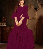   dark magenta plain georgette ruffle saree with blouse