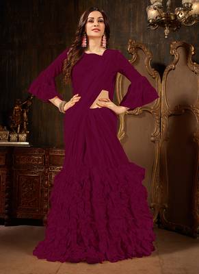   dark magenta plain georgette ruffle saree with blouse 2