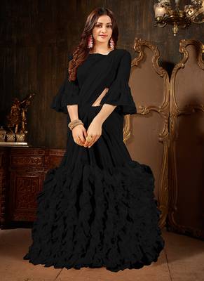 Black plain georgette ruffle saree with blouse 1