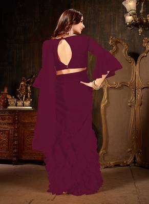   dark magenta plain georgette ruffle saree with blouse 3
