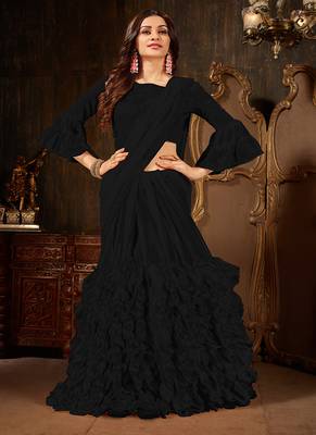Black plain georgette ruffle saree with blouse 2