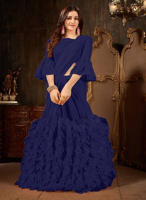   navy blue plain georgette ruffle saree with blouse 1
