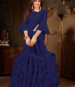   navy blue plain georgette ruffle saree with blouse