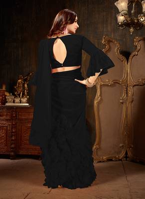 Black plain georgette ruffle saree with blouse 3