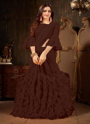 Brown plain georgette ruffle saree with blouse 1