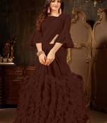 Brown plain georgette ruffle saree with blouse
