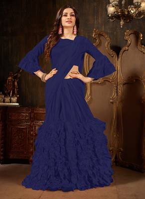   navy blue plain georgette ruffle saree with blouse 2
