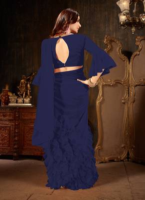   navy blue plain georgette ruffle saree with blouse 3