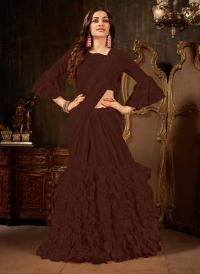 Brown plain georgette ruffle saree with blouse 2