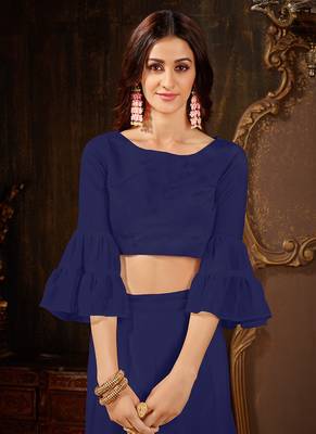  navy blue plain georgette ruffle saree with blouse 4