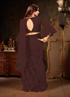 Brown plain georgette ruffle saree with blouse 3