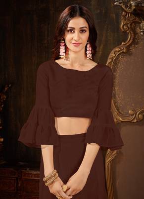 Brown plain georgette ruffle saree with blouse 4