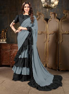 Grey plain georgette ruffle saree with blouse 1