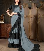 Grey plain georgette ruffle saree with blouse