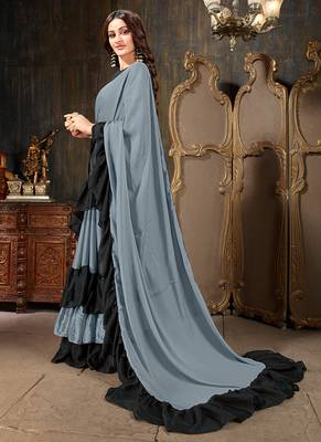 Grey plain georgette ruffle saree with blouse 2