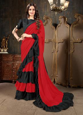 Red plain georgette ruffle saree with blouse 1