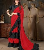 Red plain georgette ruffle saree with blouse
