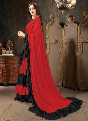Red plain georgette ruffle saree with blouse 2