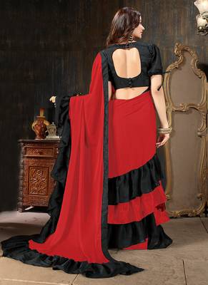 Red plain georgette ruffle saree with blouse 3