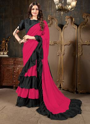 Pink plain georgette ruffle saree with blouse 1