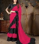 Pink plain georgette ruffle saree with blouse