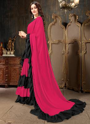 Pink plain georgette ruffle saree with blouse 2