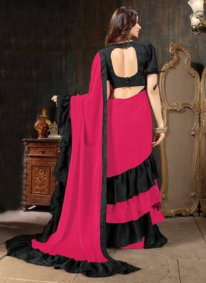 Pink plain georgette ruffle saree with blouse 3