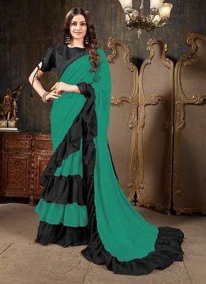 Green plain georgette ruffle saree with blouse 1