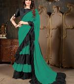 Green plain georgette ruffle saree with blouse