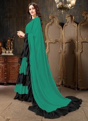 Green plain georgette ruffle saree with blouse 2