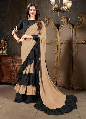 Chiku plain georgette ruffle saree with blouse 1