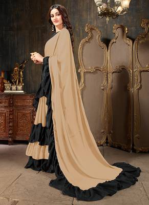 Chiku plain georgette ruffle saree with blouse 2