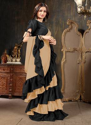 Chiku plain georgette ruffle saree with blouse 3