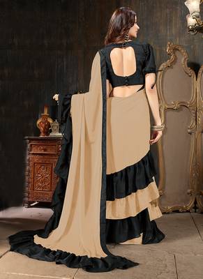 Chiku plain georgette ruffle saree with blouse 4