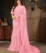   baby pink plain georgette ruffle saree with blouse