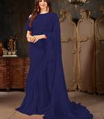   navy blue plain georgette ruffle saree with blouse
