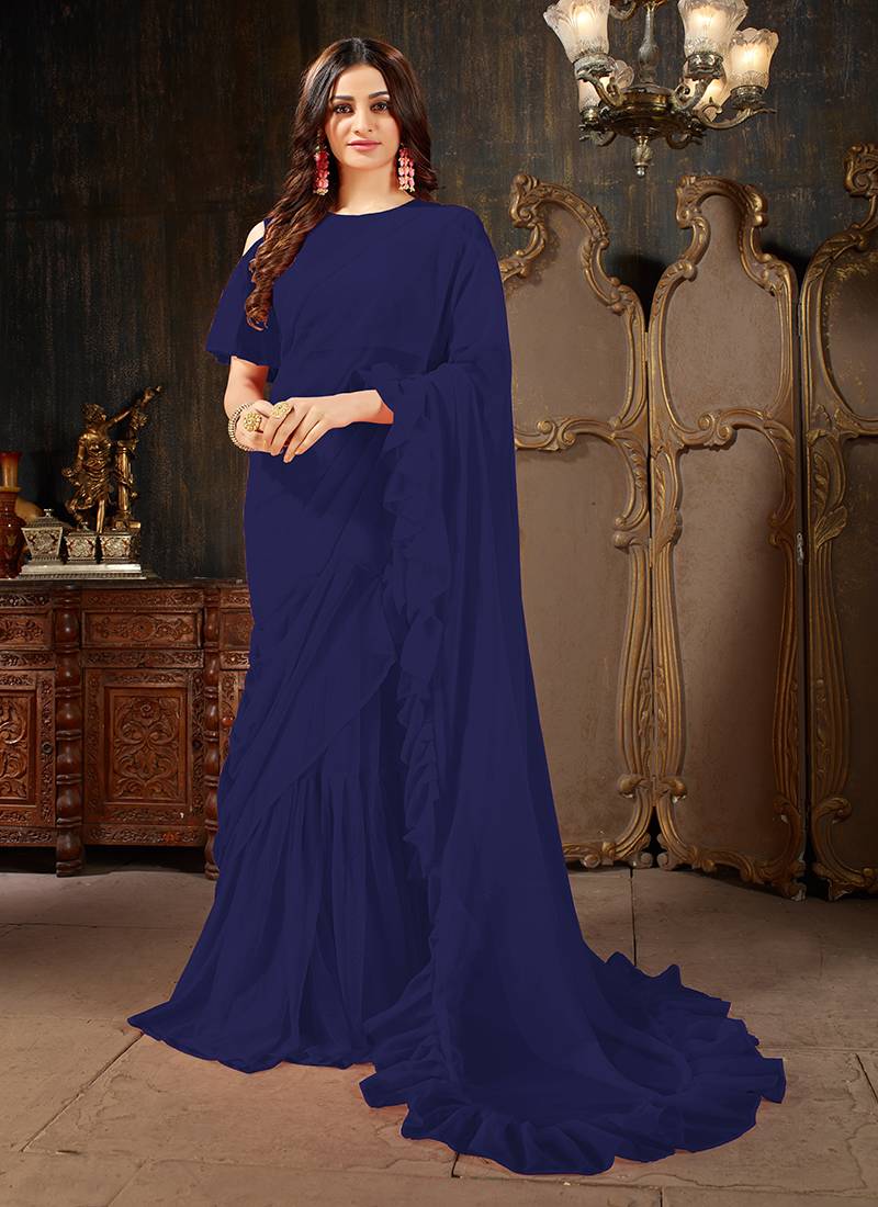   navy blue plain georgette ruffle saree with blouse