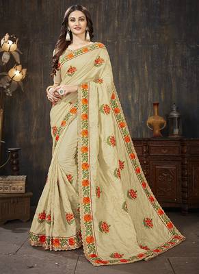 Beige embroidered art silk blend saree with blouse 1