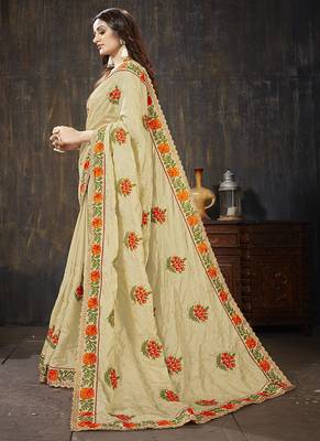 Beige embroidered art silk blend saree with blouse 2