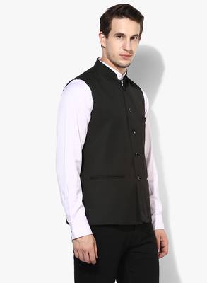 Black Plain Cotton Nehru Jacket 3