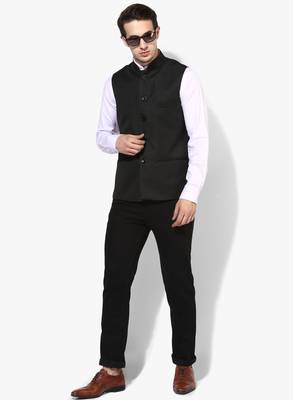 Black Plain Cotton Nehru Jacket 4